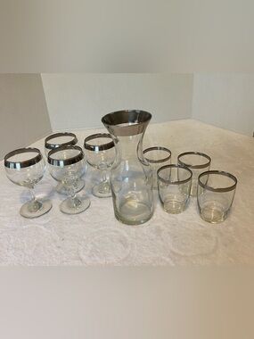 9 PCE Vintage Modern Clear Glass/ Silver Rim Carafe 4 Stem/4 Stemless Glasses